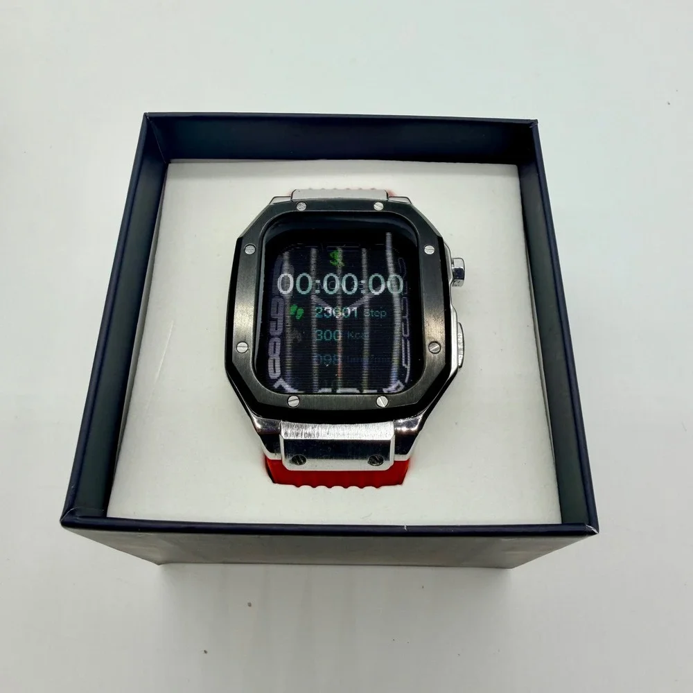 Mod Kit Case for Apple Watch 44-45mm Stainless Steel Rubber Strap Red Excellent